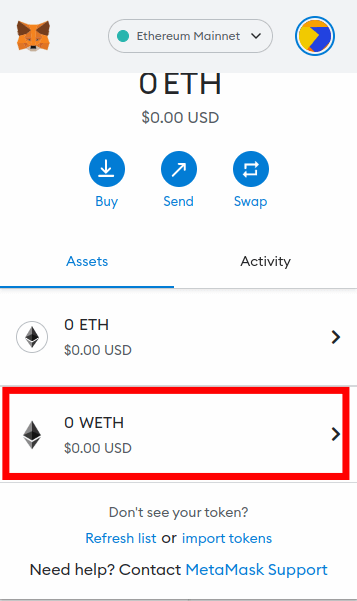 metamask swap weth to eth