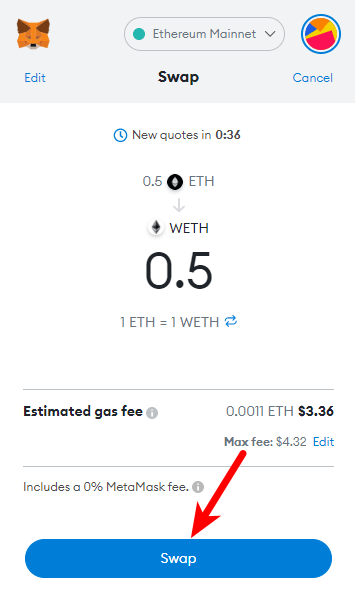 metamask swap weth to eth