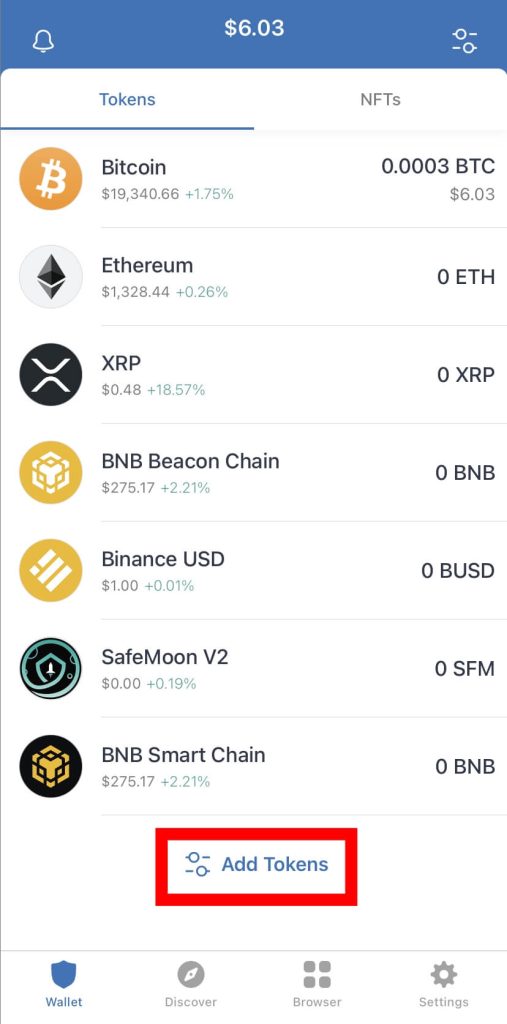 tap Add Tokens button trust wallet