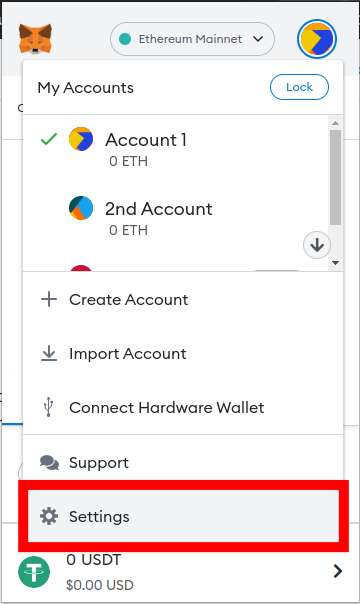 click account icon and select settings metamask