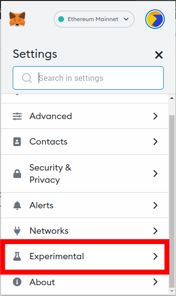 select exprimental metamask