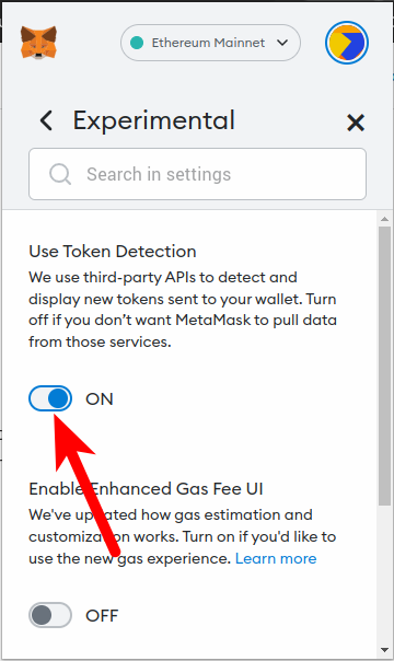 toggle use token detection on metamask