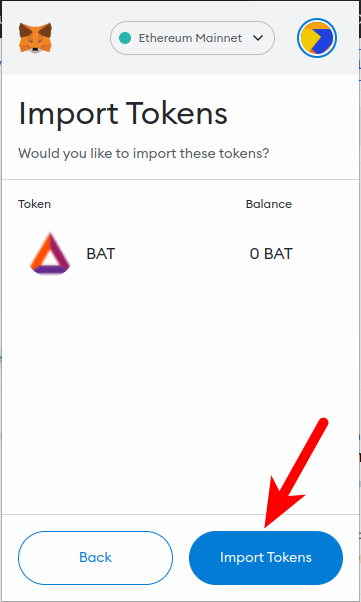 click import tokens metamask