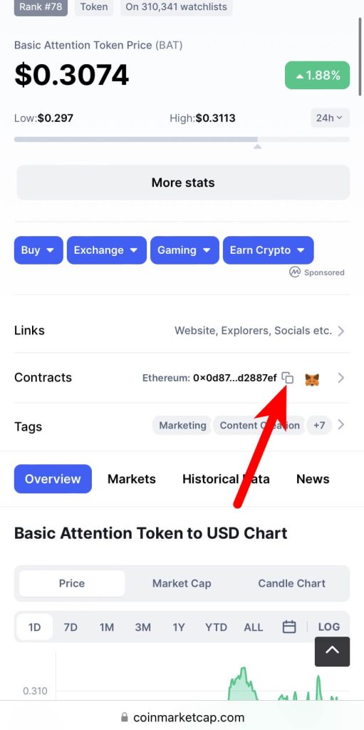 tap copy icon coinmarketcap contract address