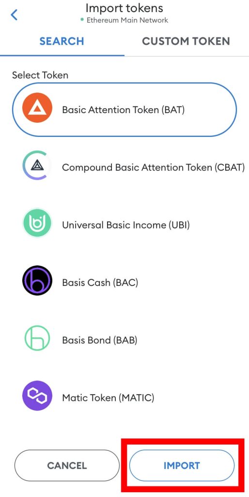 search token hit import metamask