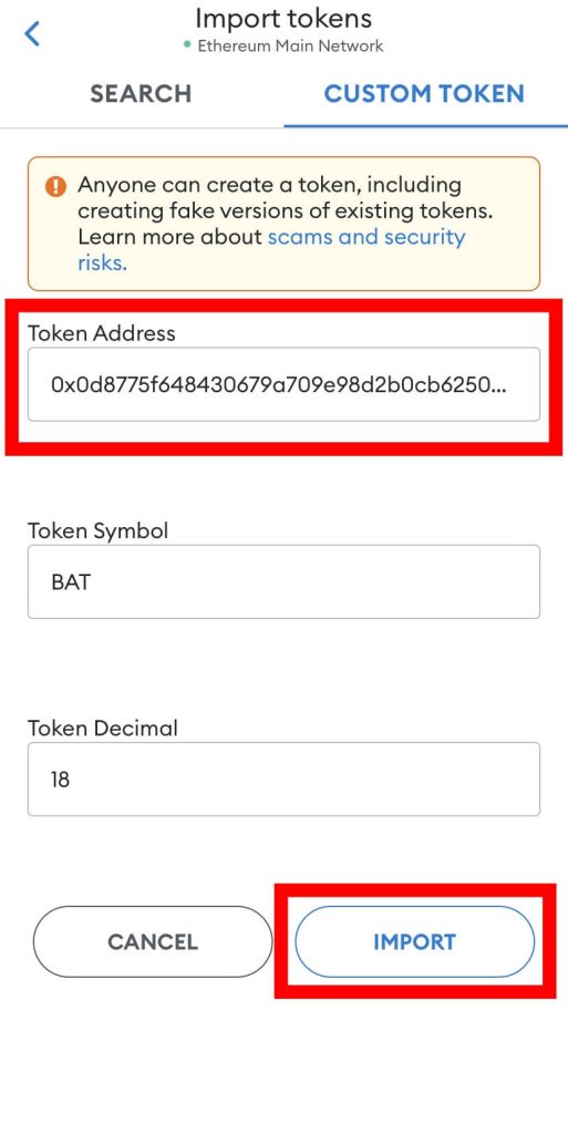 paste contract address tap import metamask