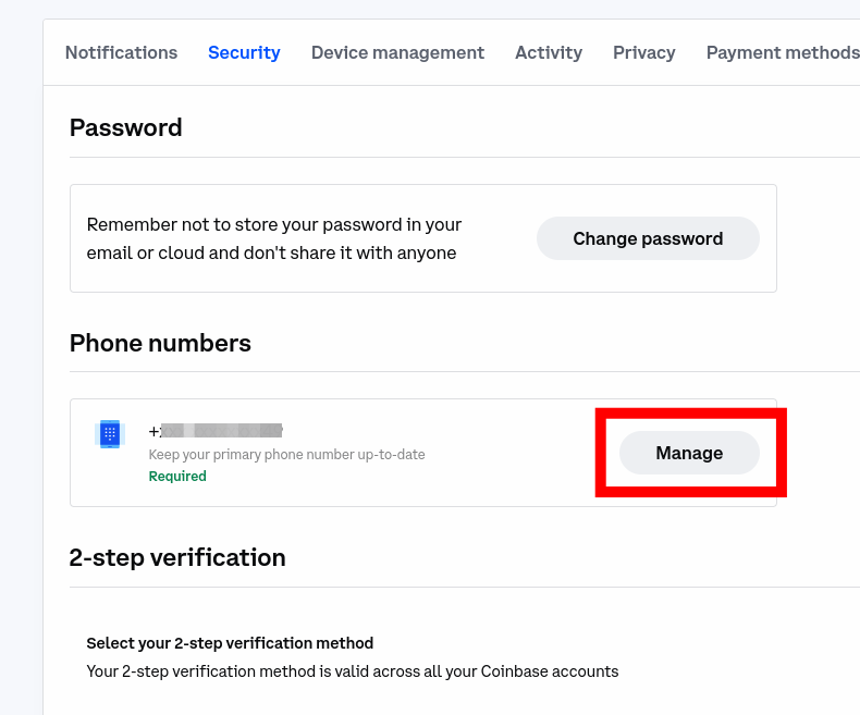 coinbase change phone number