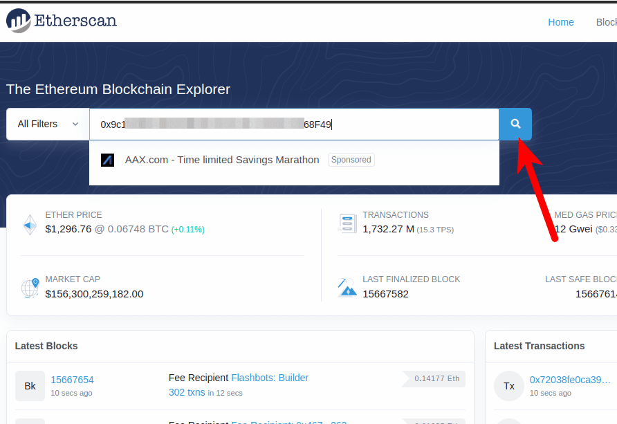 paste wallet address click search icon