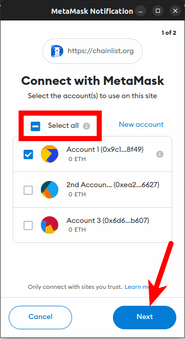 select account click next metamask