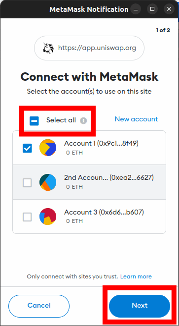 select account to connect to uniswap