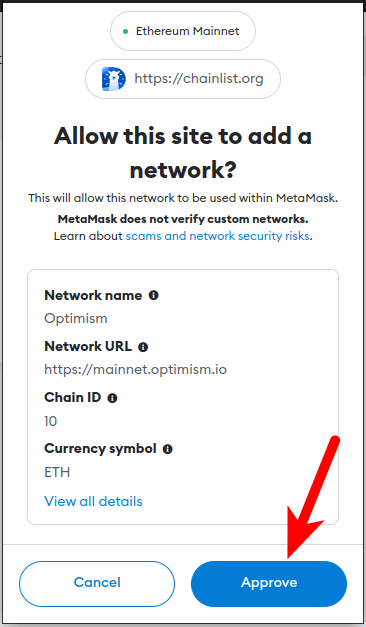 click approve on metamask chainlist