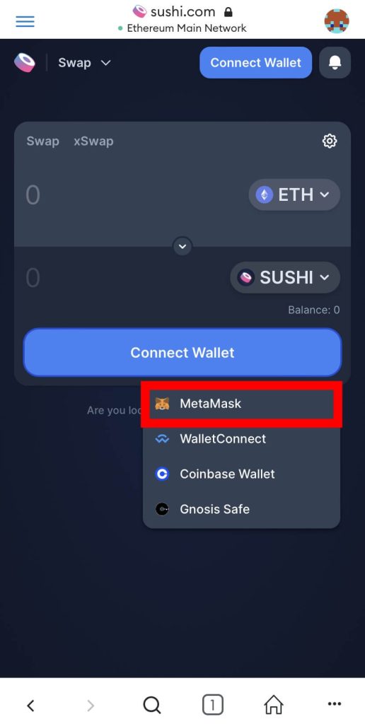 connect wallet sushi mm mobile