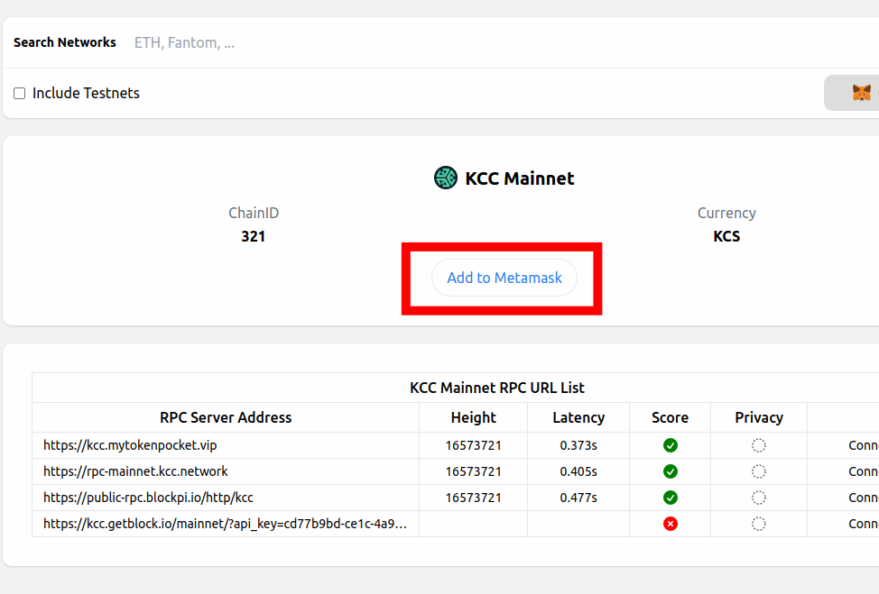 click add to metamask chainlist KCC mainnet