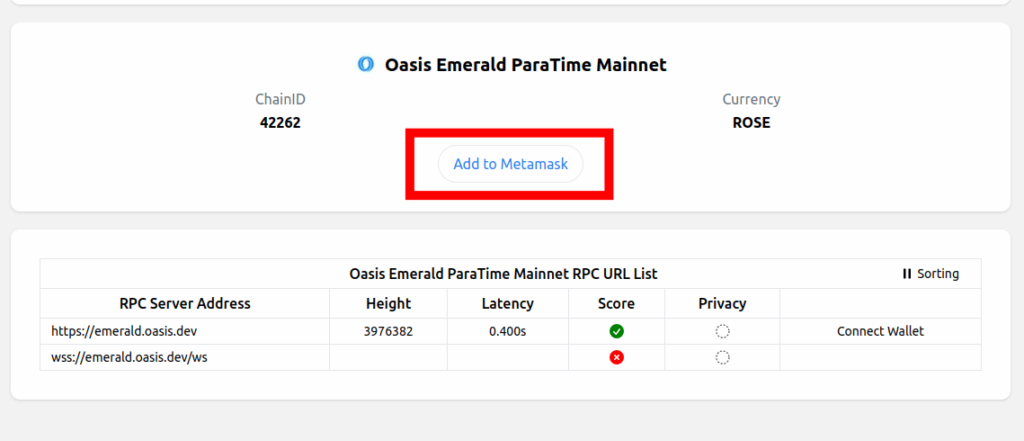 click add to metamask chainlist Oasis mainnet