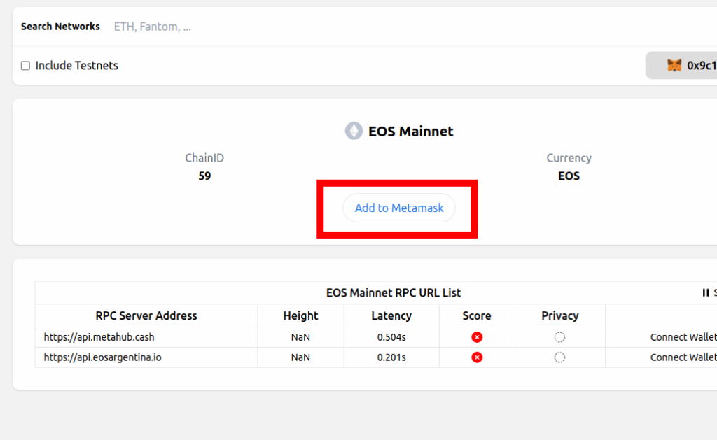click add to metamask chainlist eos