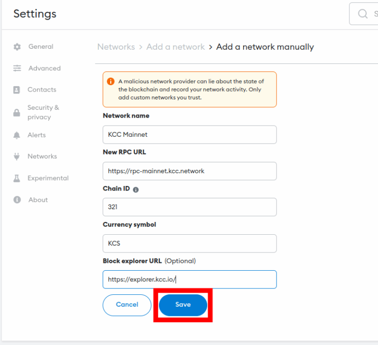 metamask kcc network