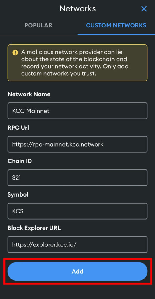 add KCC network metamask mobile
