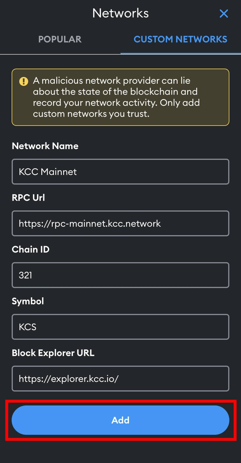 kcc network metamask