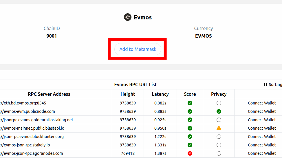 click add to metamask chainlist Evmos mainnet