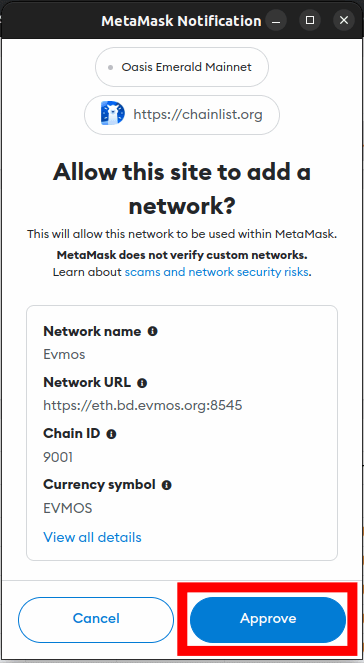click approve approve Evmos mainnet metamask