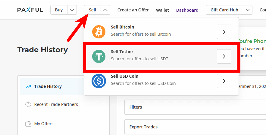 select sell then sell tether on paxful