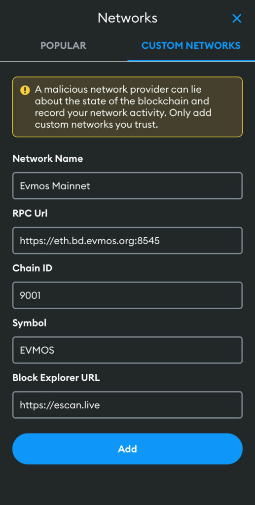 add Evmos network metamask mobile
