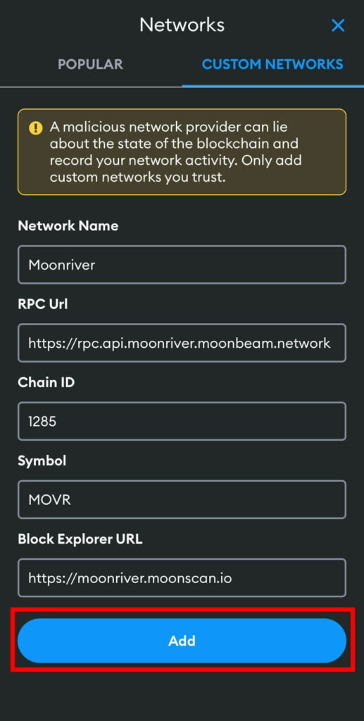 add Moonriver network metamask mobile