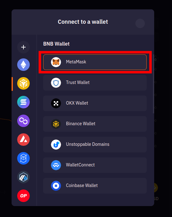 select metamask from the list of wallets