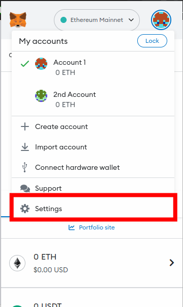 click account icon select settings metamask