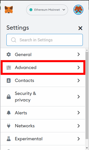 select advanced settings metamask