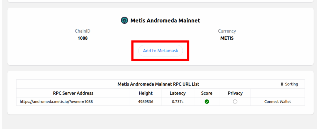 click add to metamask chainlist metis mainnet