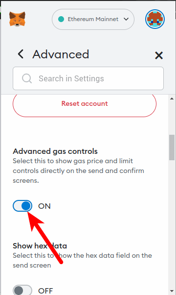 turn on advanced gas controls metamask